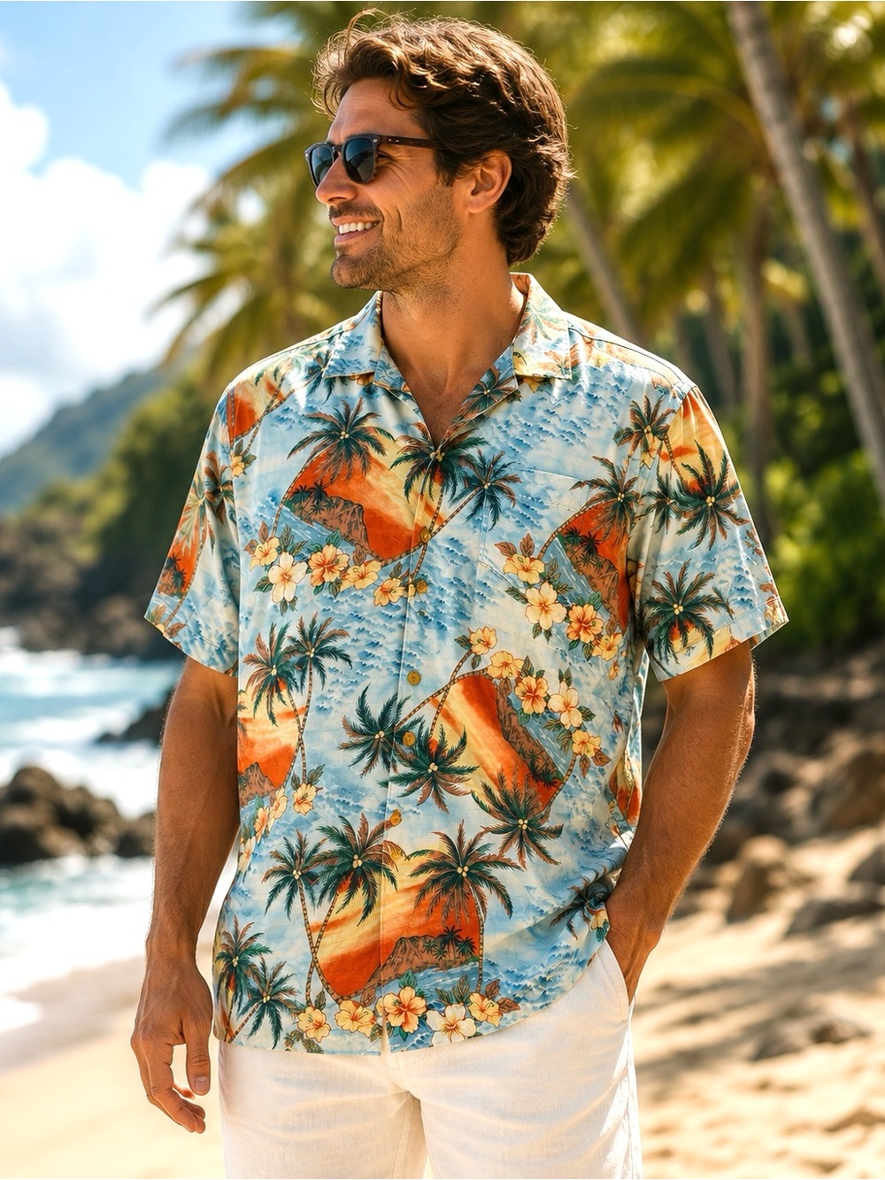 Tommy Bahama Silk Hawaiian Camp Shirt Men’s M Blue Orange Tropical Palm Beach
